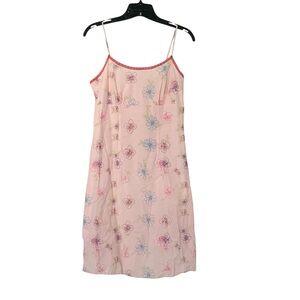 Vintage Pink Floral Embroidered Baby Doll Y2K Lace Trim Cotton Medium Mini Dress